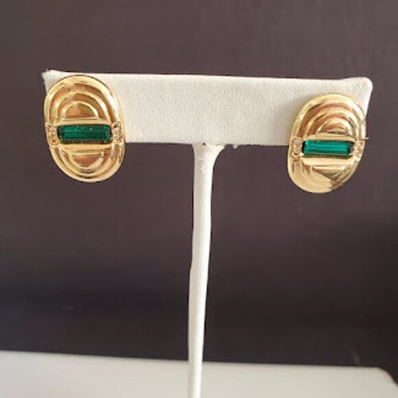 Swarovski Gold Plated Clip On Earrings with Green and Clear Crystals Signed - Picture 1 of 5